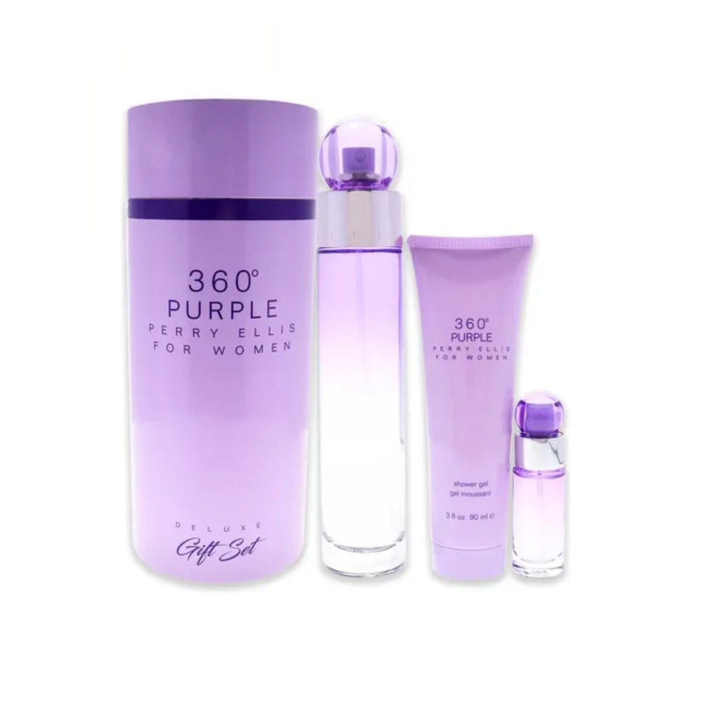 Perry Ellis 360 Purple 3.4oz EDP Sp + 3.0oz S/G + 0.25oz EDP Gift Set For Women (Canister)