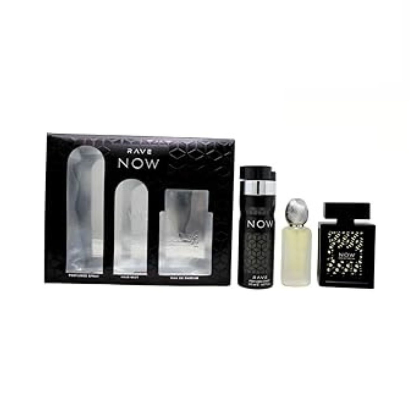 Lattafa Rave Now (3 Pc) 3.4oz EDP - 6.7oz - 1.7oz Hairmist - For Men GIFT SET
