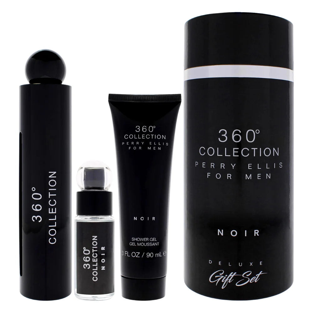 Perry Ellis 360 Collection Noir 3.4oz EDT - 3.0oz Shower Gel - 0.25oz Mini - For Men GIFT SET