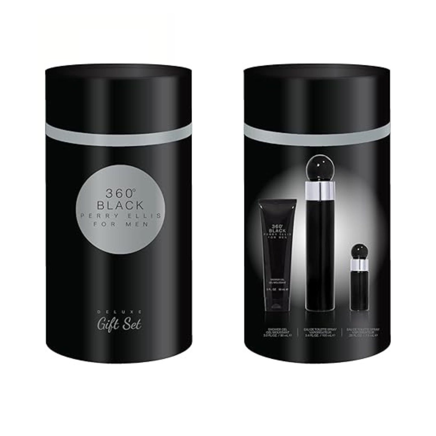 Perry Ellis 360 Black 3.4oz EDT Sp + 3.0oz S/G +Mini Gift Set For Men (Canister)