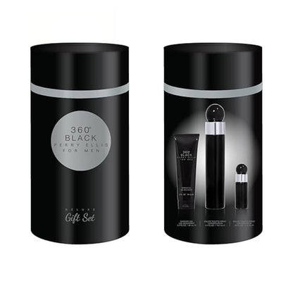 Perry Ellis 360 Black 3.4oz EDT Sp + 3.0oz S/G +Mini Gift Set For Men (Canister)