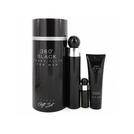 Perry Ellis 360 Black 3.4oz EDT Sp + 3.0oz S/G +Mini Gift Set For Men (Canister)