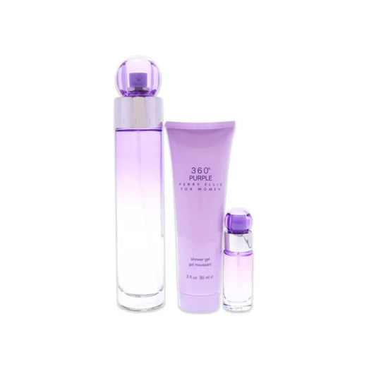 Perry Ellis 360 Purple 3.4oz EDP Sp + 3.0oz S/G + 0.25oz EDP Gift Set For Women (Canister)