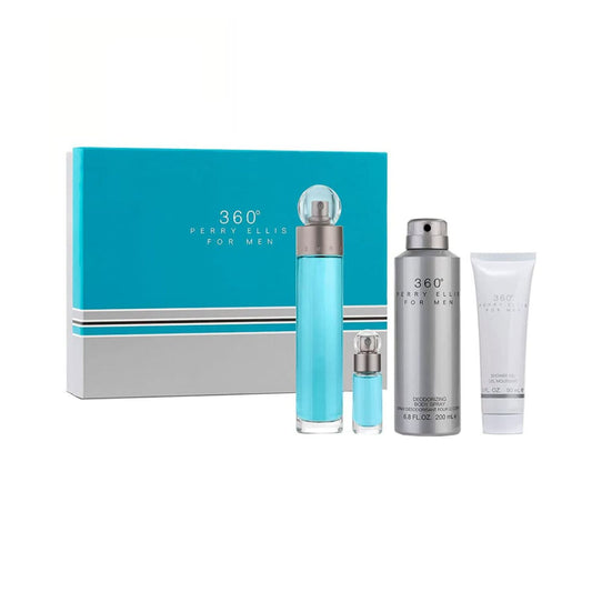 Perry Ellis 360 (4pc) Turquoise Box 3.4oz EDT - 3.0oz Shower Gel - 0.25oz EDT Mini - 6.8oz - For Men GIFT SET