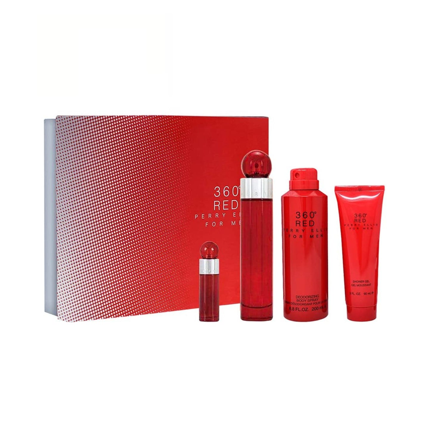 Perry Ellis 360 Red (4 Pc) 3.4oz EDT - 6.8oz DEO - 3.0oz Shower Gel - 10ml Mini - Set For Men GIFT SET