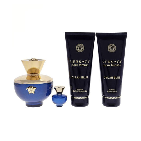 Versace Dylan Blue (4 Pc) 3.4oz EDP - 0.17oz EDP - 3.4oz Shower Gel - 3.4oz Body Lotion - For Women GIFT SET
