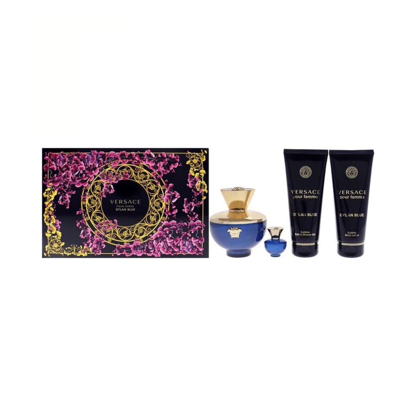 Versace Dylan Blue (4 Pc) 3.4oz EDP - 0.17oz EDP - 3.4oz Shower Gel - 3.4oz Body Lotion - For Women GIFT SET