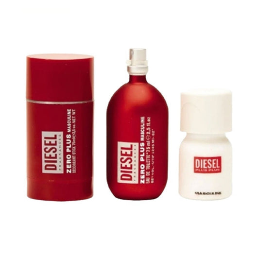 Travel Diesel Zero Plus Red (3 Pc) 2.5oz EDT - 2.5oz DEO - 1.0oz EDT - For Men GIFT SET