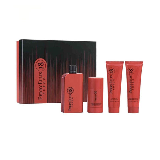 Perry Ellis 18 Fuego (4 Pc) 3.4oz EDT - 3.0oz Shower Gel - 3.0oz After Shaver - 2.75oz DEO Stick - For Men GIFT SET