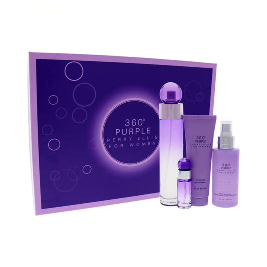 Perry Ellis 360 Purple (4 Pc) 3.4oz EDP - 3.0oz Body Lotion - 3.0oz Shower Gel - 10ml Mini - For Women GIFT SET