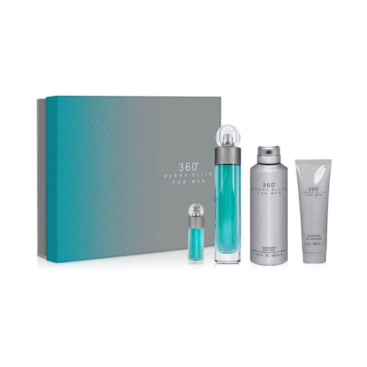 Perry Ellis 360 (4pc) Turquoise Box 3.4oz EDT - 3.0oz Shower Gel - 0.25oz EDT Mini - 6.8oz - For Men GIFT SET