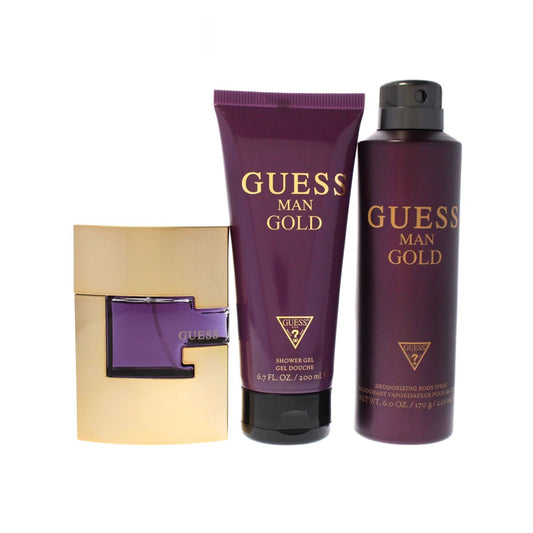 Guess Man Gold (3 Pc) 2.5oz EDT - 6.0oz Body Spray - 6.7oz Shower Gel - GIFT SET