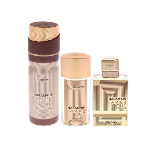 Al Haramain Amber Oud Gold Extreme (3 Pc) 2.5oz - 1.0oz Extrait De Parfum - 6.6oz Unisex GIFT SET