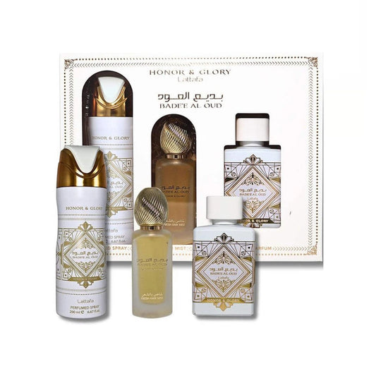 Lattafa Badee Al Oud Honor And Glory (3 Pc) 3.4oz EDP - 6.7oz - 1.7oz Hairmist - GIFT SET