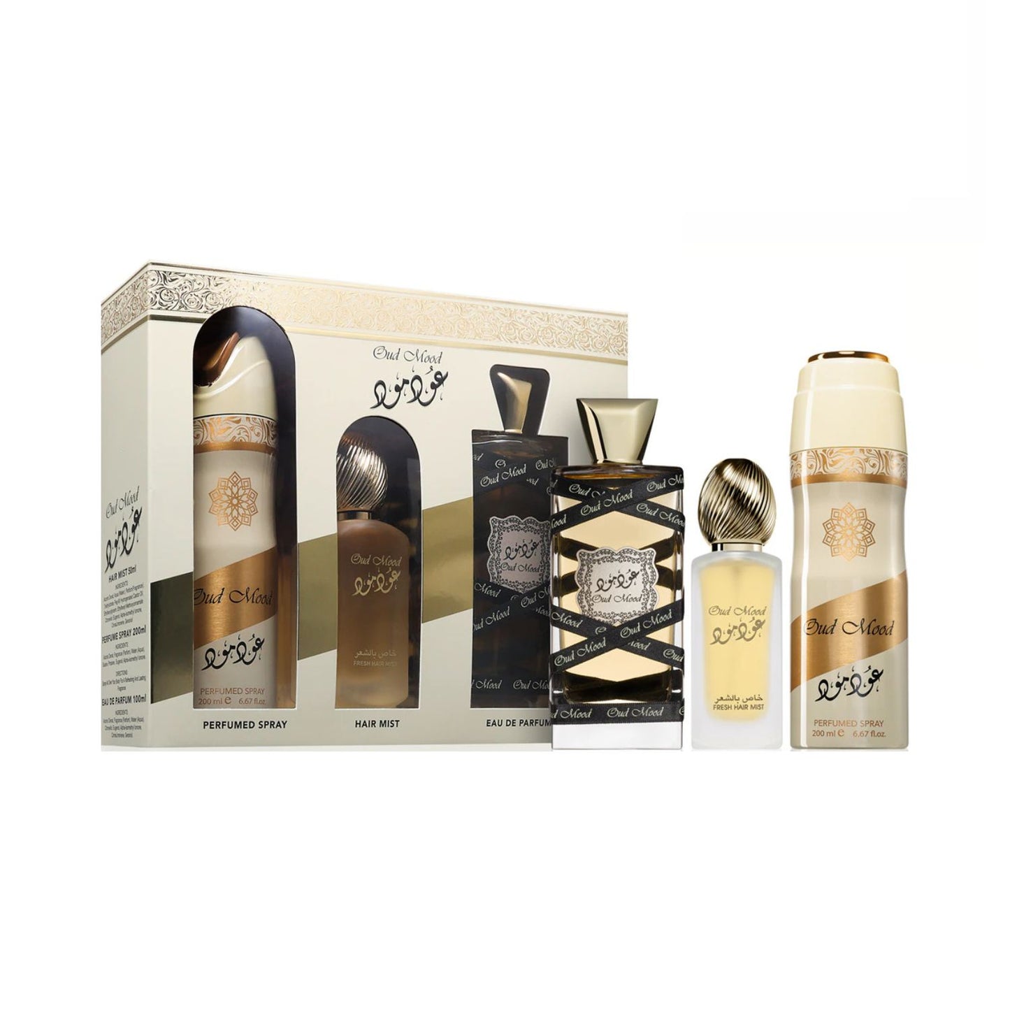 Lattafa Oud Mood (3 Pc) 3.4oz EDP - 6.7oz - 1.7oz Hairmist - Unisex GIFT SET