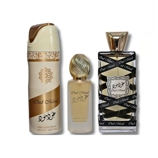 Lattafa Oud Mood (3 Pc) 3.4oz EDP - 6.7oz - 1.7oz Hairmist - Unisex GIFT SET